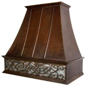 38 Inch 1250 CFM Hammered Copper Wall Mounted Euro Range Hood with Nickel Background Scroll Design and Screen Filters