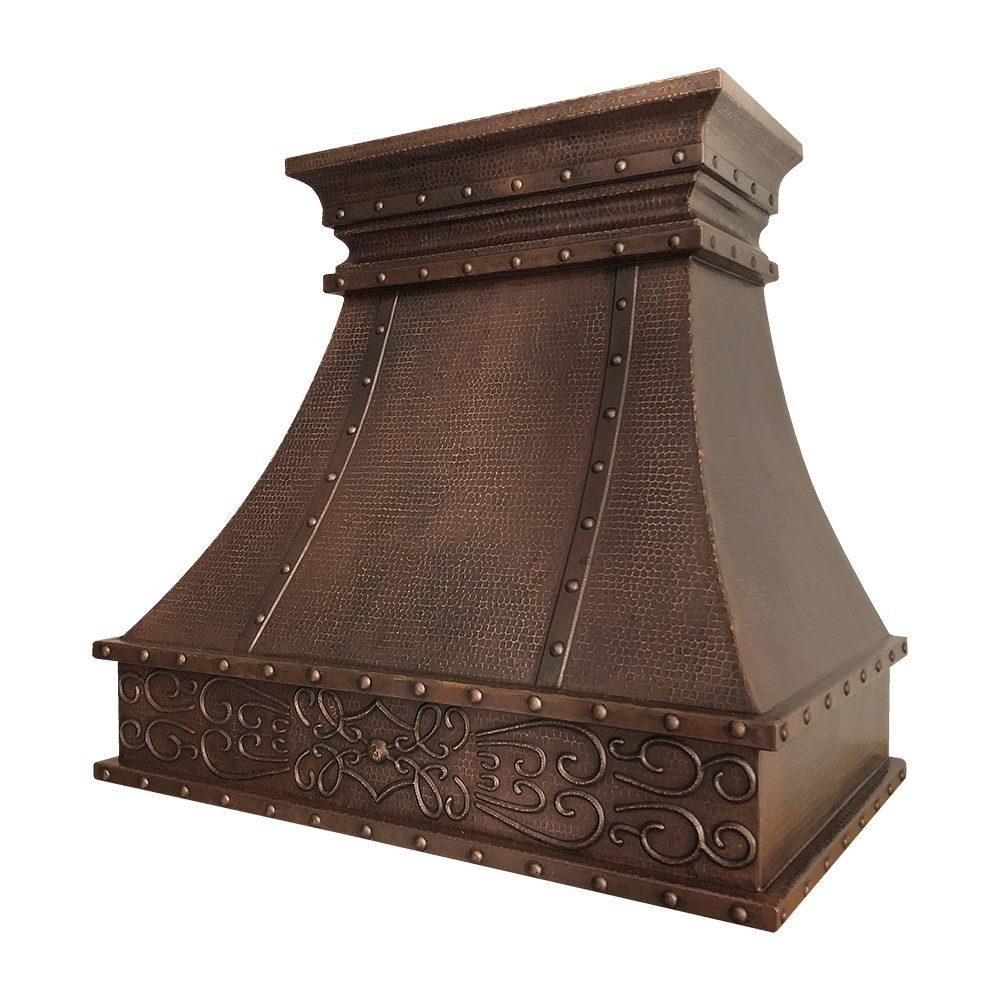 Custom 40 Hammered Copper Range Hood With Barrel Strap And Scroll Design   HV CUSTOM402437 1 