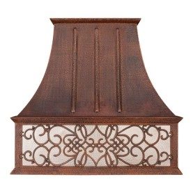 Custom 38" Hand Hammered Copper Range Hood with Scroll Design and Nickel Background