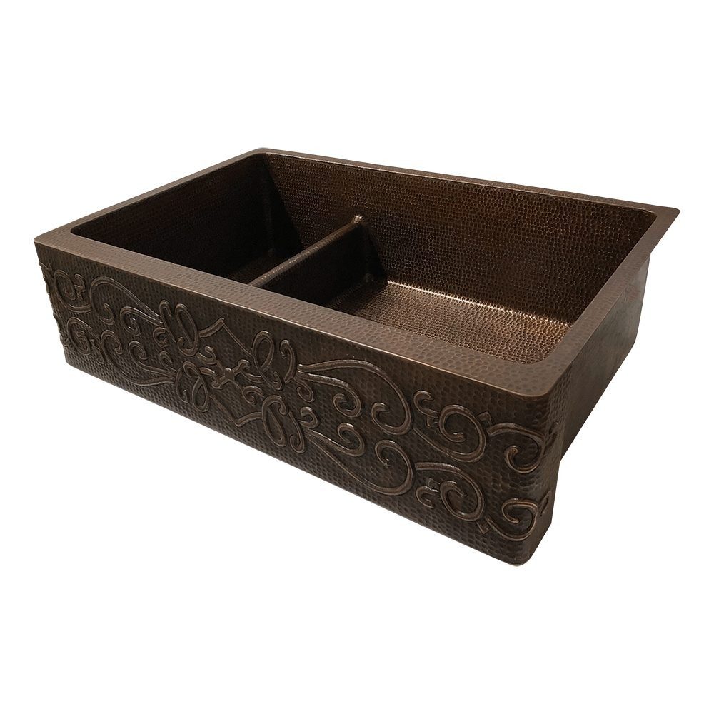 Custom 33 Hammered Copper Apron Front 7030 Double Basin Kitchen Sink With Scroll Design 1152