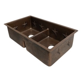 Custom 33" Hammered Copper 50/50 Double Basin Kitchen Sink with Star Design and Short Divider