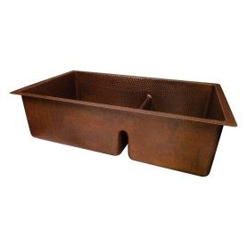 Custom 33" Hammered Copper 60/40 Double Basin Kitchen Sink with Short 5" Divider in Antique Copper Finish